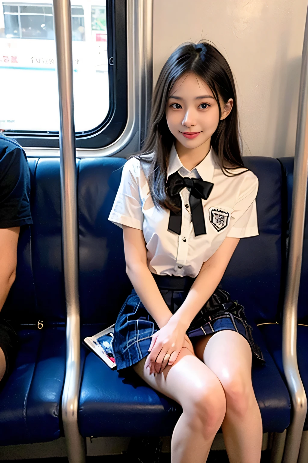 High angle shot, arafed asian woman in a short skirt and bow tie sitting on a train, cute schoolgirl, japanese girl school uniform, wearing japanese school uniform, japanese school uniform, a hyperrealistic schoolgirl, dressed as schoolgirl, hyperrealistic schoolgirl, wearing school uniform, realistic schoolgirl, girl wearing uniform, wearing a school uniform, of a schoolgirl posing, full body, nice skin, glowing skin, nice thighs,glowing thigh, glowing legs, barefoot