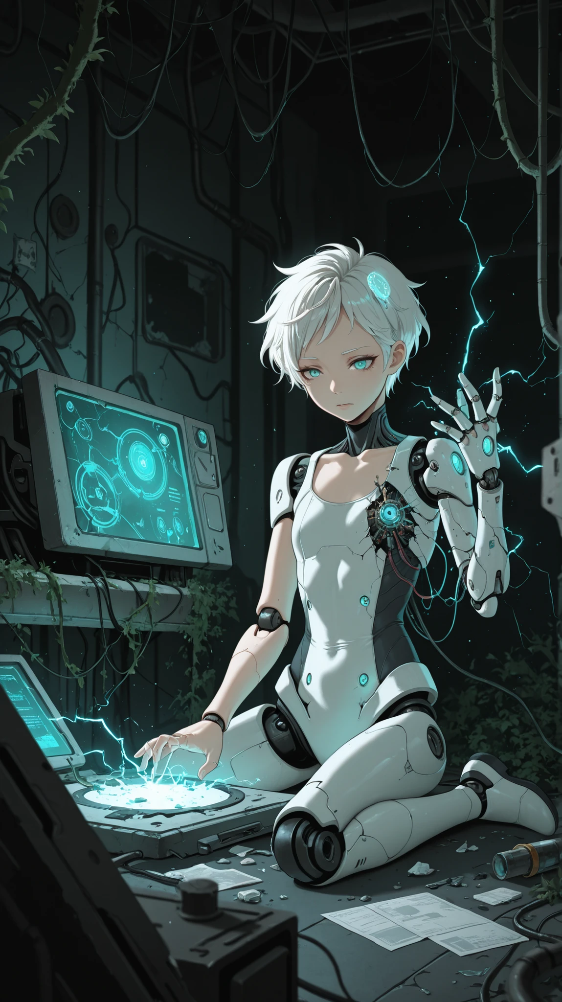masterpiece, best quality, amazing quality, BREAK (by Hakika:0.55), (by Criis-Chan:0.7),(by dino \(dinoartforame\):0.4), phiv, 1girl, white hair, short hair, aqua eyes, flat chest,electricity, cybernetic augmentation, robotic arm, glowing circuits,exposed wiring, human-machine fusion, neon implants, futuristic armor, biomechanical details,holding wires, sci-fi atmosphere, overgrown vines, rusted joints, sitting, dim light, dark room, flickering optics,broken monitor, broken glass, glass particles floating around, abandoned lab, atmosphere,