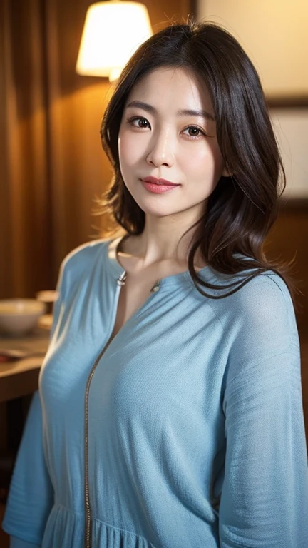 (Raw Photo), (Photorealsitic), (Masterpiece), (Best Quality), High Resolution, 8K, (Intricate Details), (Voluminous Light), Portrait, Female, (45 Years Old), Medium Straight Hair, layered hair, brown hair, very fine eyes, source order, very fine eyebrows, very fine skin, very fine mouth, very fine nose, cute like an idol, happy smile, (thick lips), (looking at the viewer), (Elegant Transparency blue Off the shoulder Short Sleeve dress), Normal chest, emphasize the chest area, waist shot, (Random body orientation), 