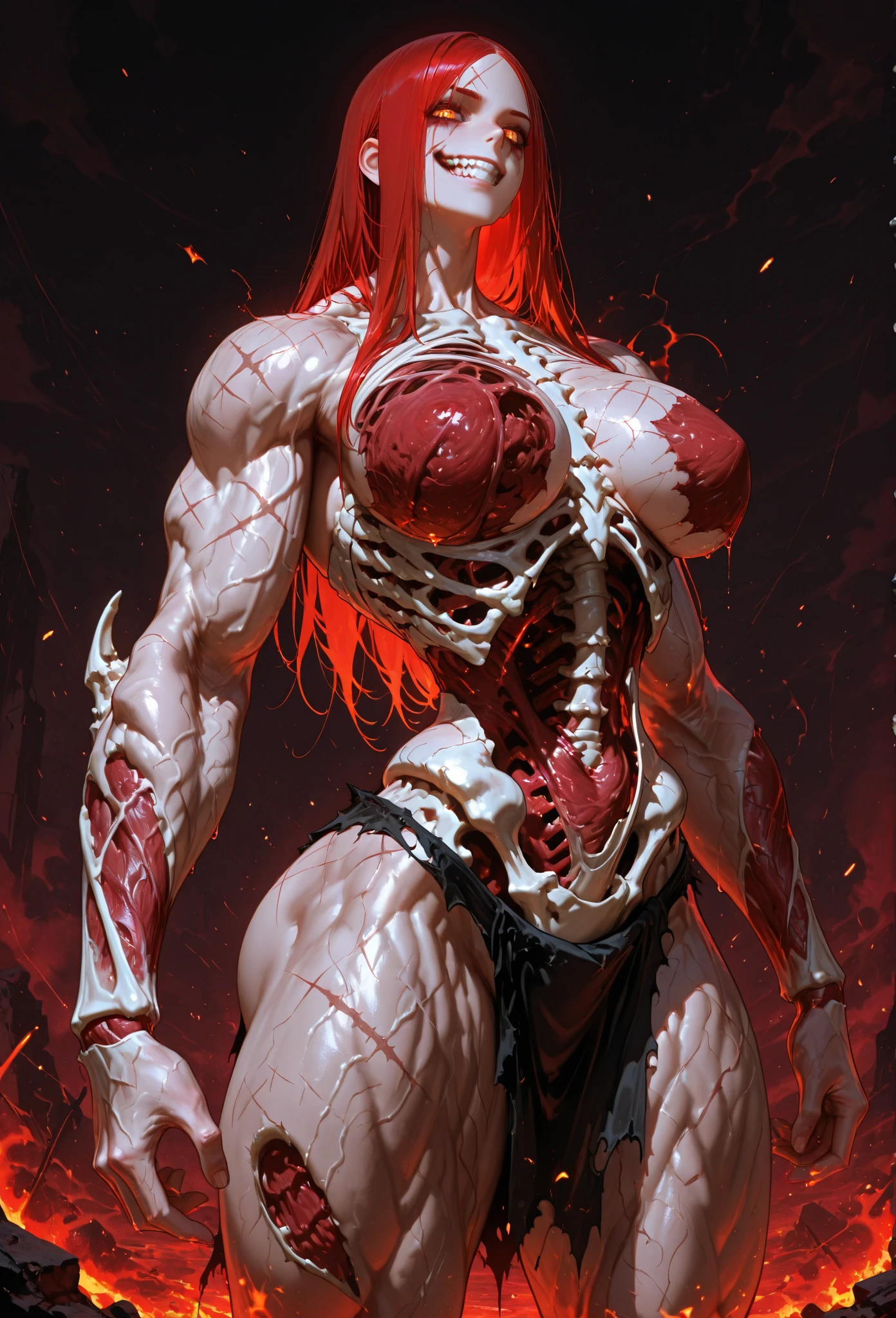 (1 girl), (megan fox:1.25), (naked:1.25), (Beautiful skinless muscular demon girl:1.25), (extreme muscular definition:1.5), (huge muscular arms:1.5,) (long red hair), (carnage skinless physique:1.25), (1 super muscular undead skinless succubus with gigantic horns:1.25), (covered in red necrotic rotting skinless muscle:1.25), (exposed muscles & veins everywhere:1.25), (perfect fingers:1.25),(8k, RAW photo, photorealistic:1.25), dark horrific scary atmosphere, hellish landscape, Hellraiser like atmosphere,