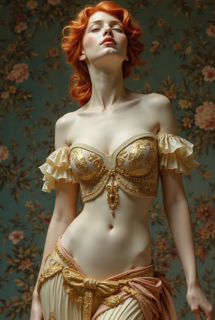 ,exotic Icelandic girl, sitting on a table, bright auburn hair, , (heavy eyeshadow), slender, (collar, teardrop earrings:1), jewelry, brioche, [baby blue tulle micro dress:bare midriff, miniskirt:.1], fantasy art, concept art, sexy pinup, highly detailed, high quality, 8k, delicate features, feminine, seductive, warm soft lighting, (style of howard chandler christy:1.0), (art by jean-joseph benjamin-constant:1.3)
