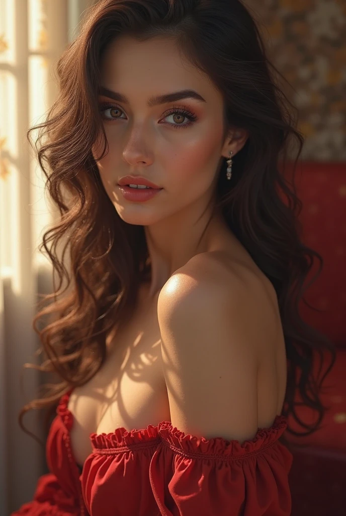 instagram photo of one beautifull russian girl, very pretty, 20 years old, tanned, long hair, brown hair, brown eyes, sharp eyebrows, big lips, realistic,night out dress, large ches,wearing rolex,diamont ring,chair