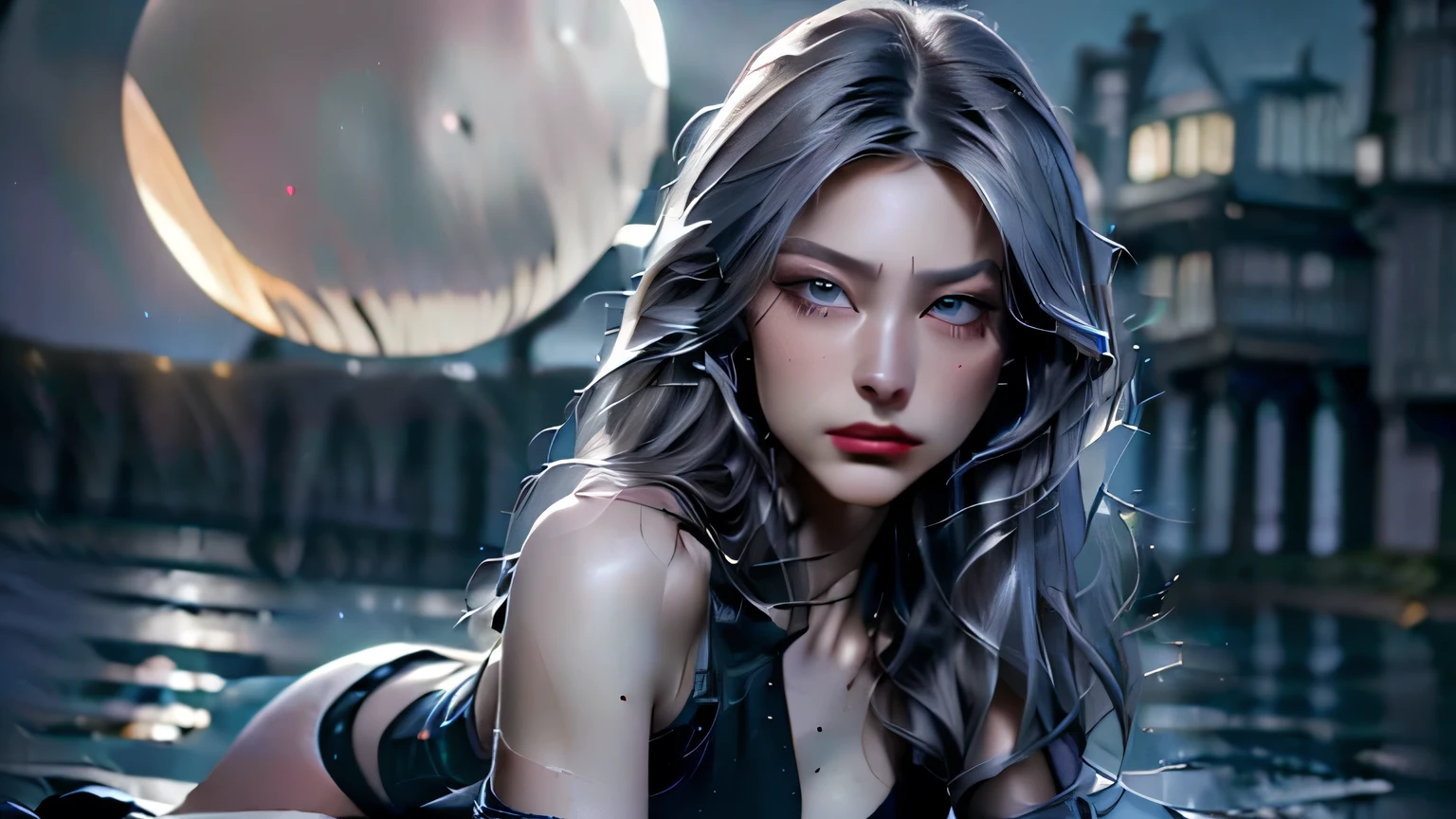 An anime girl posing for photos on a blurred dark background f1.2. Masterpiece, (Natural Blue Eyes) ultra HD, 8k, photography style, sexy, 100% realistic textures. Cool colors like movie at night,  cinematic, best quality, professional realistic photography style. 