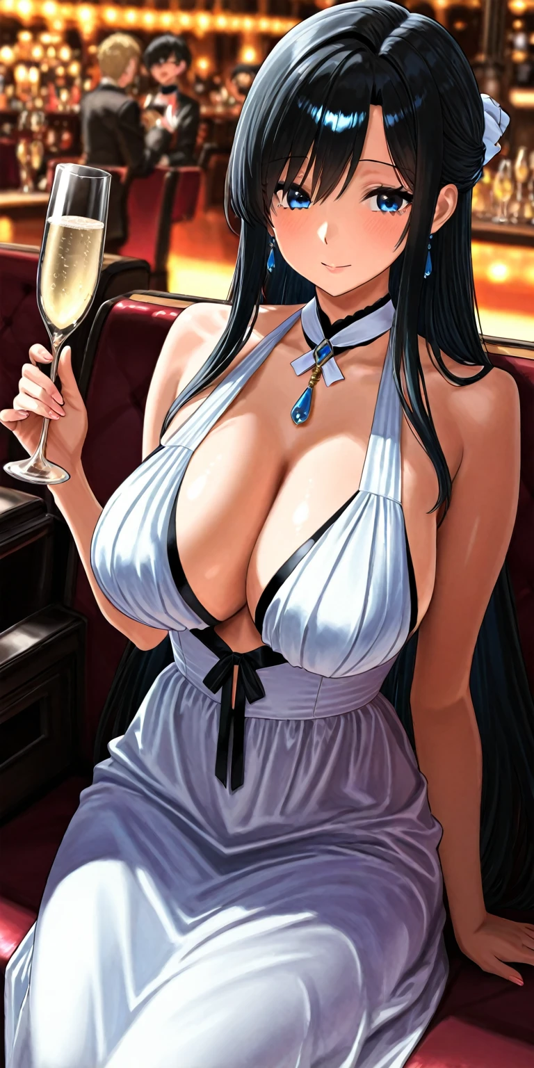 ((junkotvv, black hair, red eyes, extremely long hair, messy hair, neko ears)), kiko, tanned skin, tanned, 35yo, mature woman, milf, serious, mad, dangerous, white female suit, cleavage, big breasts, suit pants, standing, in a diamond design casino