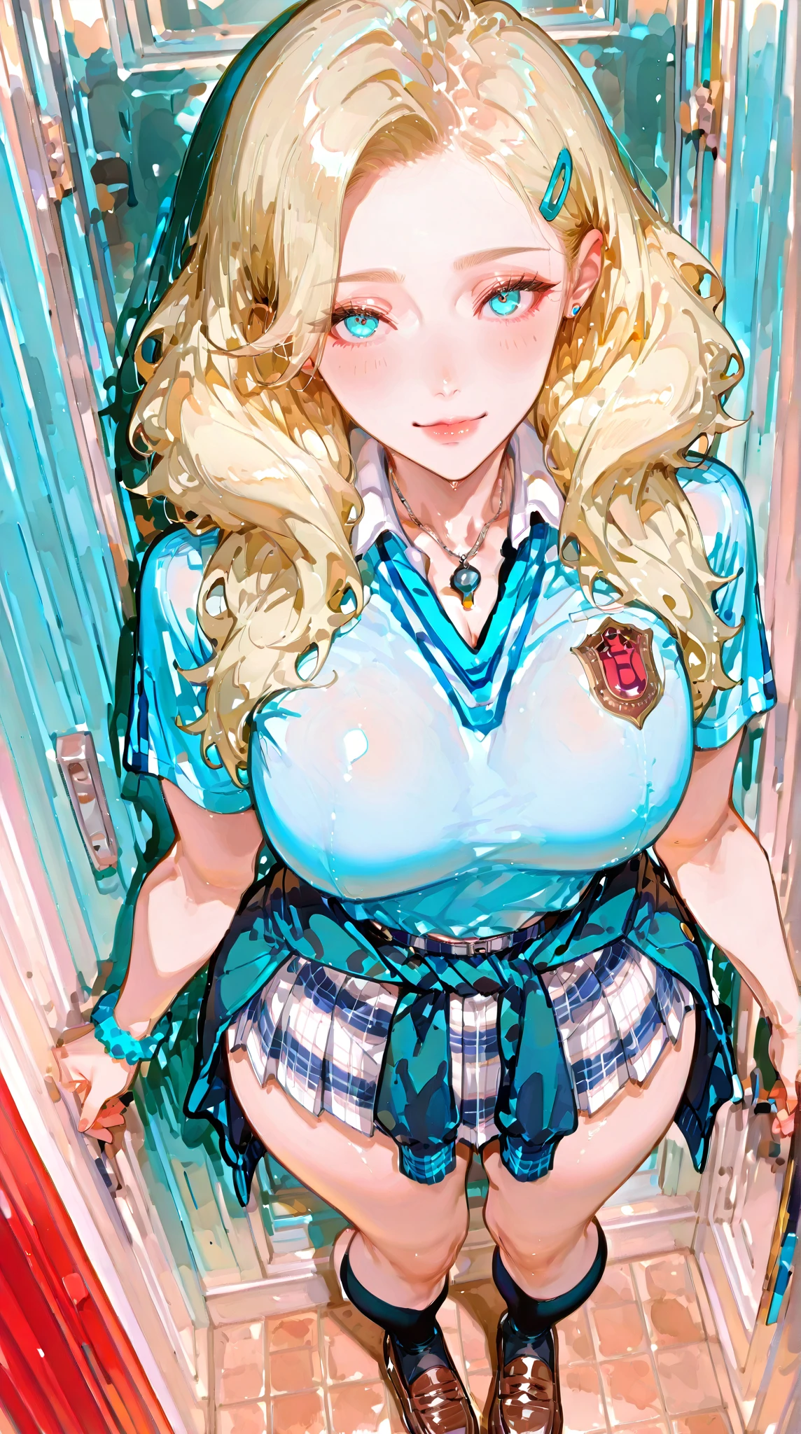 beautiful, (masterpiece:1.2), (best quality:1.2), (from above:1.3), Beautiful 20-year-old white girl with blue eyes, long swept-back straight blond hair, Happy and posing , Pink and white frilly miniskirt, unbuttoned blouse, showing breasts, detailed nipples, (((triple D cup breasts))), round buttocks, natural breasts, beautiful face, under boob, triple D cup breasts, bubbly asspink socks, white sneakers, California City background, daylight,