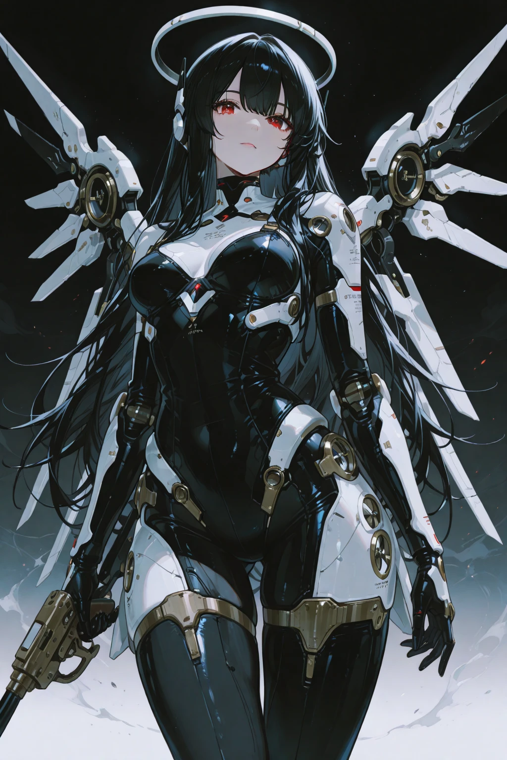 Satsuki Kiryuin,  large breasts, thighhighs, tight leather stockings, White stockings, White shoes, (((underboob))), microskirt, thigh boots, garter straps, , dressed as junkets, Straight posture, Long katana in hand, robot, robotic body, cyborg girl, The body is made of metal, Cyber Eye, cybor killer, tubes throughout the body, thrusters, Mechanical legs, Mechanical arms, very detailed, super quality, 8k ultra resolution, holds a katana with both hands, Short skirt, clothing straps, blood on the cheeks, Epic Shot, in a fighting pose, blurry plan, against the backdrop of the cyber city, The metropolis of the future, very detailed, super quality, 8k ultra resolution