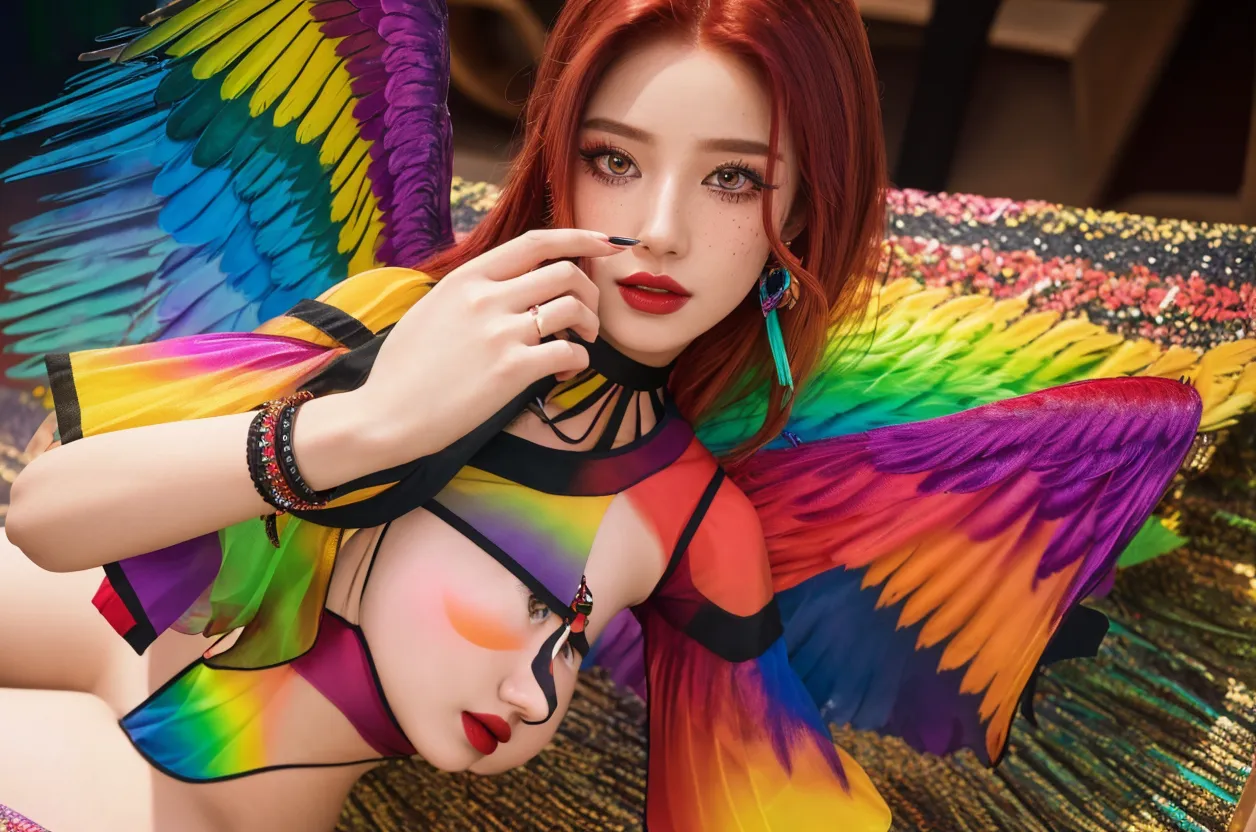 ((best quality)), ((masterpiece)), (detailed), perfect face 3 Naked woman dynamic pose, Big breasts, round hips, Full figure, (masterpiece, top quality, best quality, official art, beautiful and aesthetic:1.2), (3 Women:1.3), extremely detailed,(fractal art:1.1),(colorful:1.1)(flowers:1.3),highest detailed,(zentangle neon:1.2), (dynamic pose), (abstract background neon:1.3), (shiny skin), (many colors:1.4), ,(earrings), (feathers:1.5) , (Flamethrower:1.3),red background,Phoenix dress,Neon,full HD