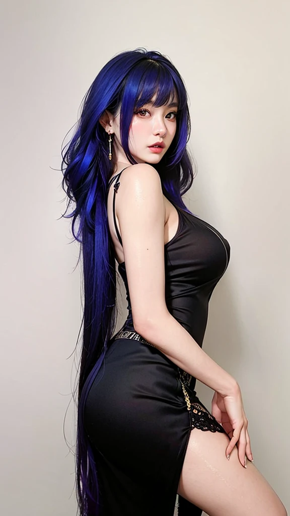 a girl with long hair and a black dress stands in front of a blue light, concept art by Ross Tran, Artstation, conceptual art, :: rossdraws, anime girl with cosmic hair, beautiful anime art style, loish |, jen bartel, loish art style, ross tran style, artgerm and atey ghailan