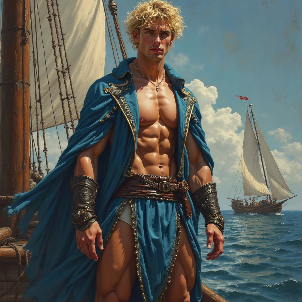 fullbody, wide shot view, oil painting+realism+jc_leyendecker+rembrandt, full body, masculine, strong, youthful, young italian man, defined muscles, calisthenic swimmer, cinnamon skin, green eyes, wavy brown hair, straight nose, oval face, square jaw, thin lips, perfect smile, perfect anatomy wearing a blue silk loincloth, On the bow of the ship commanding the ship, intense hard cold colors golden hour, dramatic, energetic, vivas, determinado, audaz, valiente
