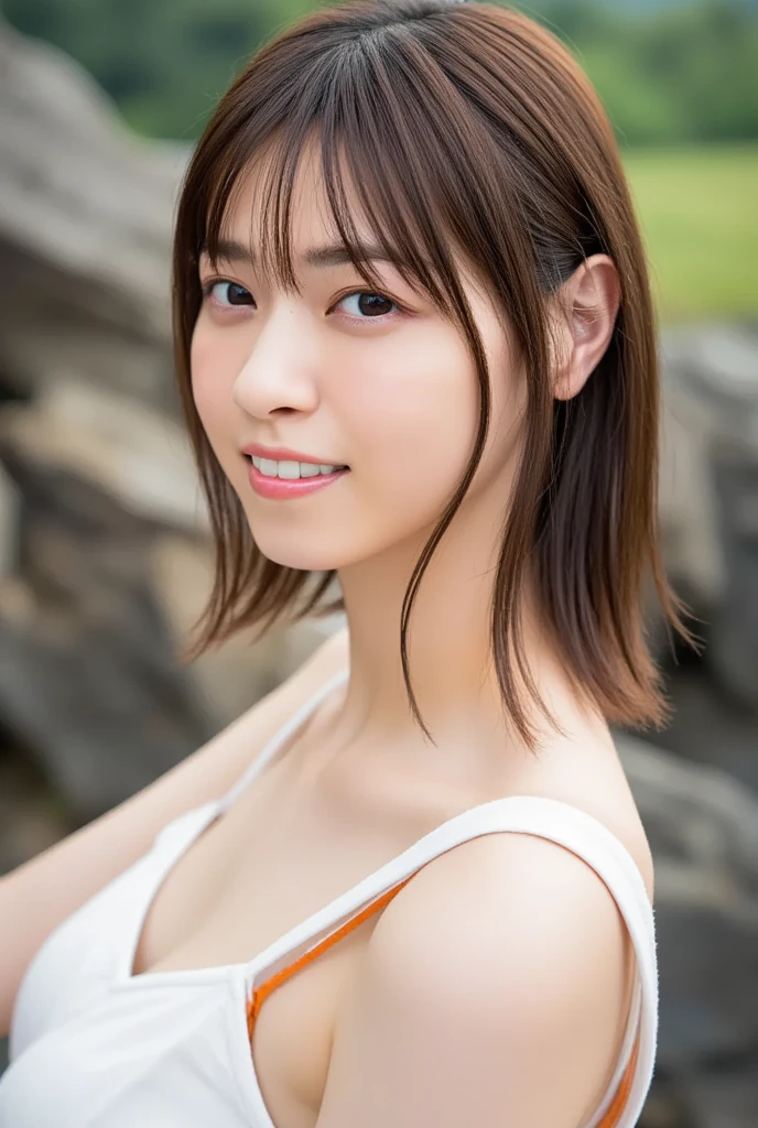 ((perfectionな解剖学で手足を丁寧に描写)) ,Masterpiece,Ulzan 6500,(Realistic, photoRealistic),(((Her short hair is set in an outward curl.))),1 female, ((Beautiful blonde woman walking on the edge of a cliff with stunning views of the green valley below)), ((Hiking Equipment:1.3)). 40k, photograph, masterpiece, 最high quality, Dark Gray Background, ((Mature Woman, wife, mother, )), perfectionな顔, perfection , ((A girl with brown eyes and beautiful blonde hair)). Highly detailed face, Fine grain, Embarrassing, smile, summer, Daytime, Hiking boots, Full body portrait, dramatic, Ultra-high resolution.Realistic:.1.4, (Skin with attention to detail:1.2), 8K Ultra HD, Digital SLR, high quality, Film Grain, Fujifilm XT3,A scene from a classic movie,(Saiharu Body),(Delicate eyes and face),Professional angle,Excellent detail,Beauty condensed in 1girl,Beautiful chestnut-colored bouncy hair,繊細でHigh noseを持つ美しい顔,Long limbs like a model,Tight waist,High nose, Clear chestnut eyes, Glossy lips,