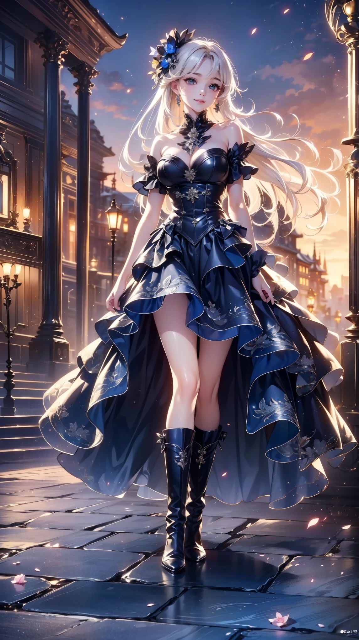 ( very detailed目, very detailed顔), ( realistic にสุดๆ, high resolution ), ( Top Quality :1.4), ( Top Quality ), portrait, 5, Midea, 1 girl ,score_9, score_8_ up, score_7_ up, score_6_ up, score_5_ up, score_4_ up, realistic skin texture that lasts deep into the middle of the night 、 Deep Night , RAW photos , ( realistic に, realistic :1.37), very detailed, Pro Pictures , (masterpiece:1.3, Top Quality , s uper high resolution, Ultramore ), ( realistic , photo realistic :1.4), beautiful illustrations , perfect lighting, anime style .( masterpiece : 1.2), ( very detailed: 1.2), ( very detailed CG: 1.2), ( high image quality : 1.2), (最 high image quality ), 8k, animated illustration , 、 beautiful girl 、とても cute天使、 gothic dress 、 cute、、smile、 long skirt、 Black Long Boots 、 Turquoise Eye, cute女性 ,street, Candy Store , sign,European Buildings,slate paved ,Rose flower,