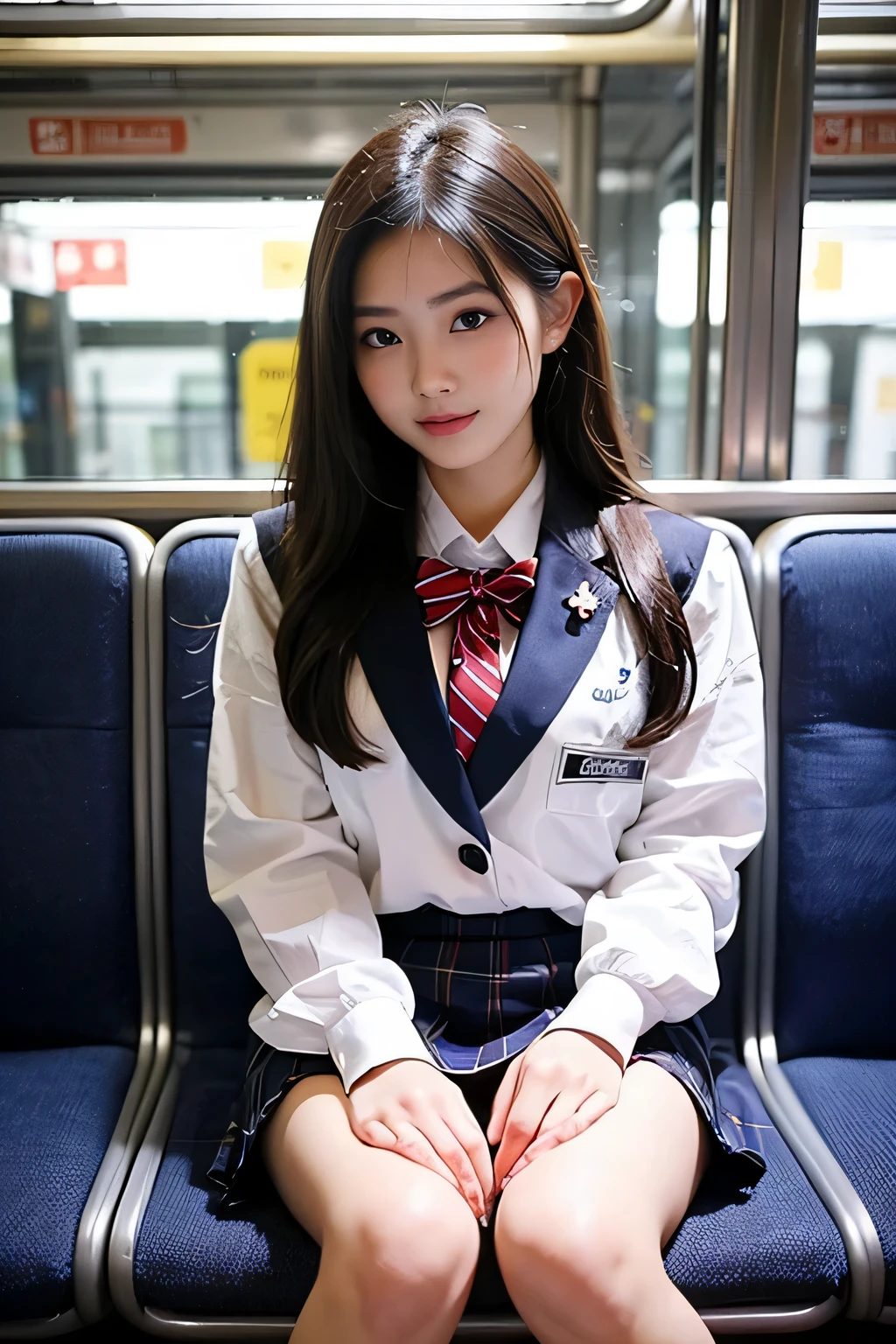 (Best-quality, Masterpiece, Ultra-High-Resolution, (Photorealistic:1.4), Raw Photo, depth of field, professional lighting, perfect anatomy, extremely details), 1girl, 15-years-old, the most famous Japanese idol, sitting on train, ((wearing Japanese high-school uniform)), looking at viewer, ((get sexual-excited, feeling very strong sexual arousal):1.1), (((extremely cute orgasms-face, extremely cute and extremely big orgasms-eyes, extremely beautiful orgasms skins, orgasm-pose))), extremely cute hair, extremely cute long-eyelashes, extremely cute lips, extremely cute body,  