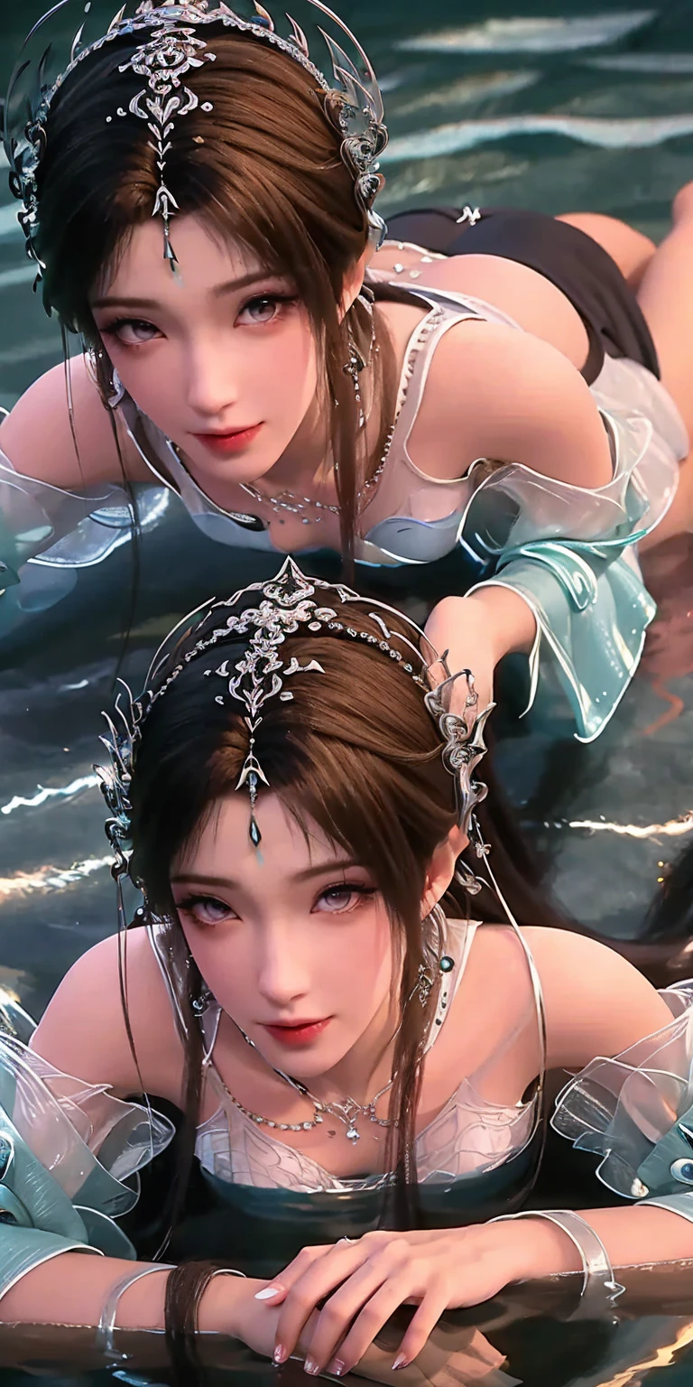 A fair-skinned woman bathes in a waterhole，Pool water and waist, And is preparing to untie the jade hairpin tied by his hair，She has wide eyes and red lips，Manners are genteel，Look at this side shyly and affectionately
