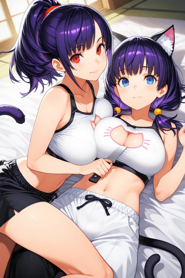 ((Best quality, 8k, Masterpiece :1.3)), dramatic lighting, Konan Naruto Akatsuki, beautiful woman, 1girl, huge breasts :1.3, (firm abs, slender figure :1.1), lusty, short purple hair, orange eye,(panties :1.1), ultra-detailed face, detailed lips, detailed eyes, double eyelid, hot couple, boyfriend, man friend, double pose, bed, boudoir