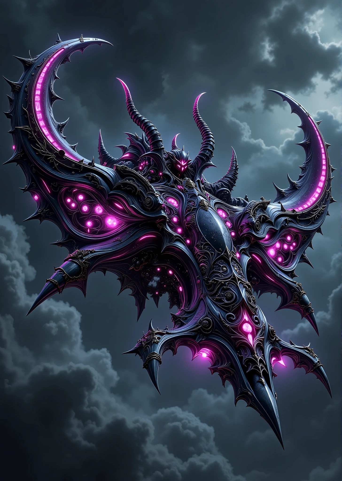 An extremely detailed comic book illustration of a futuristic spacecraft with a darkly gothic aesthetic with a distinctive crescent or bat-wing shape with multiple sharp pointed extremities primarily colored in dark metallic grays and blacks with glowing pink energy accents throughout its intricate design whose exterior is adorned with elaborate ornamental details including what appear to be mystical symbols or runes and features complex gothic architectural elements with sweeping curves and spikes combining organic and mechanical elements with flowing lines reminiscent of both technological and magical aesthetics. The background shows a dark moody stormy dark sky with ominous nebulous clouds. The overall design suggests a fusion of advanced technology with dark fantasy elements creating what might be described as a "dark techno-magical" aesthetic. The contrast between the dark metal structure and the bright pink energy elements creates a striking visual effect. Trending on Art Station. 