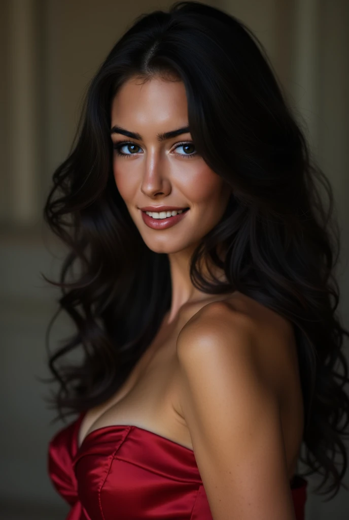 A beautiful detailed portrait of a white-skinned woman with long curly hair, wearing an elegant red dress, with a snub nose and bright brown eyes, (best quality,4k,8k,highres,masterpiece:1.2),ultra-detailed,(realistic,photorealistic,photo-realistic:1.37),HDR,UHD,studio lighting,ultra-fine painting,sharp focus,physically-based rendering,extreme detail description,professional,vivid colors,bokeh,portraits,VSCO filter: C8