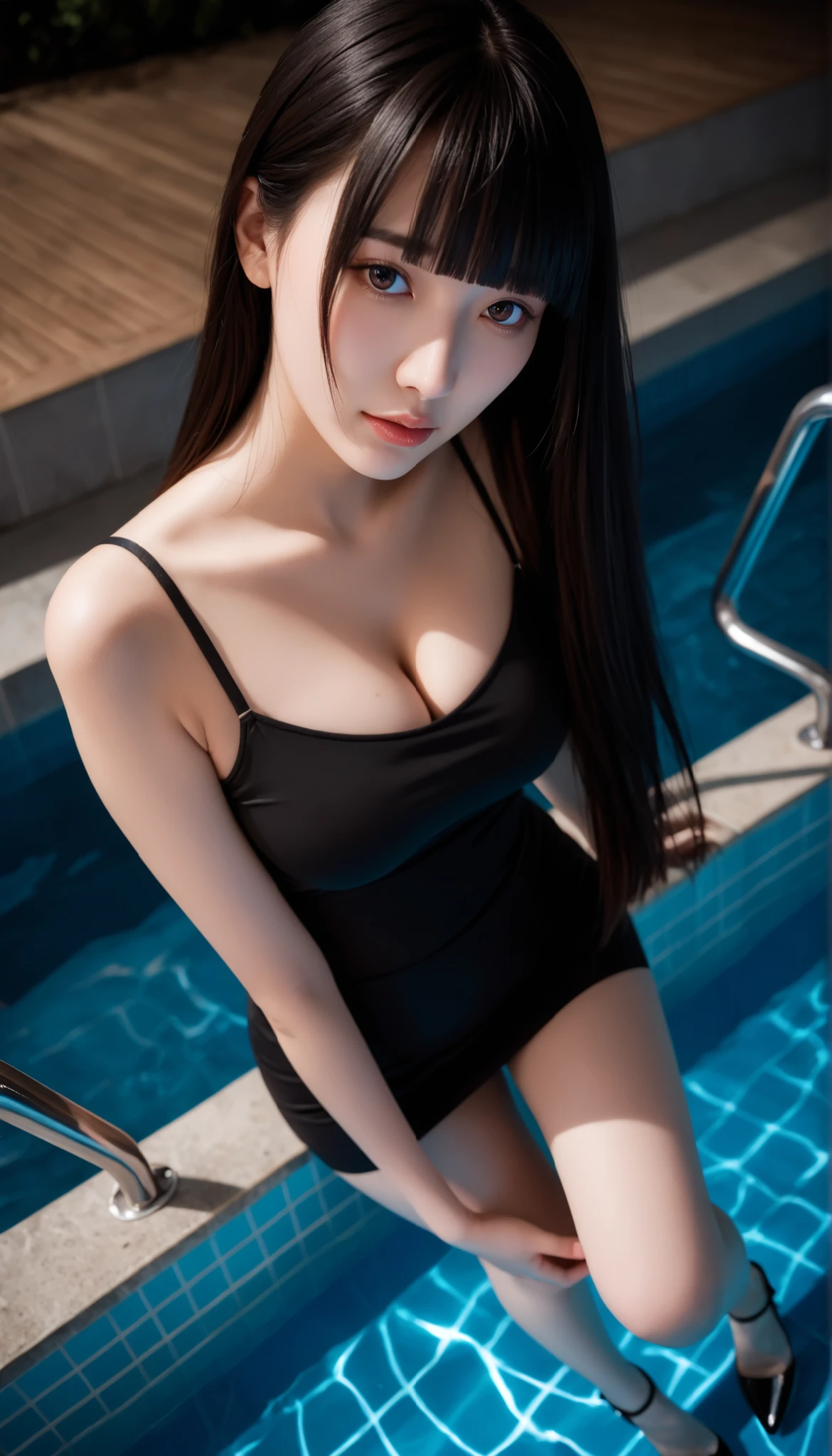 8K, top-quality, （pubic hair beauty）、A high resolution, realisticlying, Real Human, Full body portrait、delicated face、cute  face、a 25 yo woman、Slim figure、Petite bust、swim wears、比基尼、Black stockings、Outdoor scene、Seats