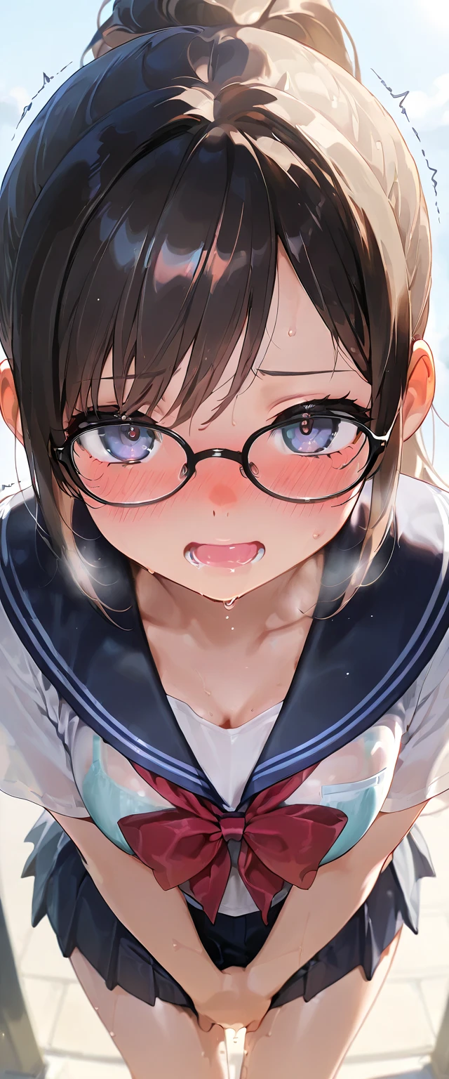 (high quality, 8K, 4k, high contrast, masterpiece:1.2, 最high quality, best aesthetics), (dynamic angle), ((1 female)), erotic, sexy, mature body, JK, , Braid, Glasses, sexyな唇, excited, Chairman, sailor suit:1.2, open your mouth. Sucking on a cock, fucking
