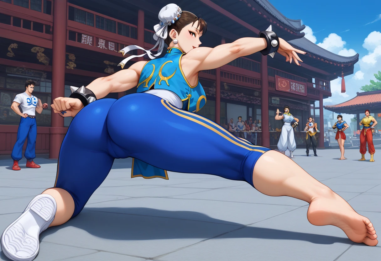 Street fighter chun li smiling, showing ass, half naked.(((half naked))) city background, full body, white boots. 
