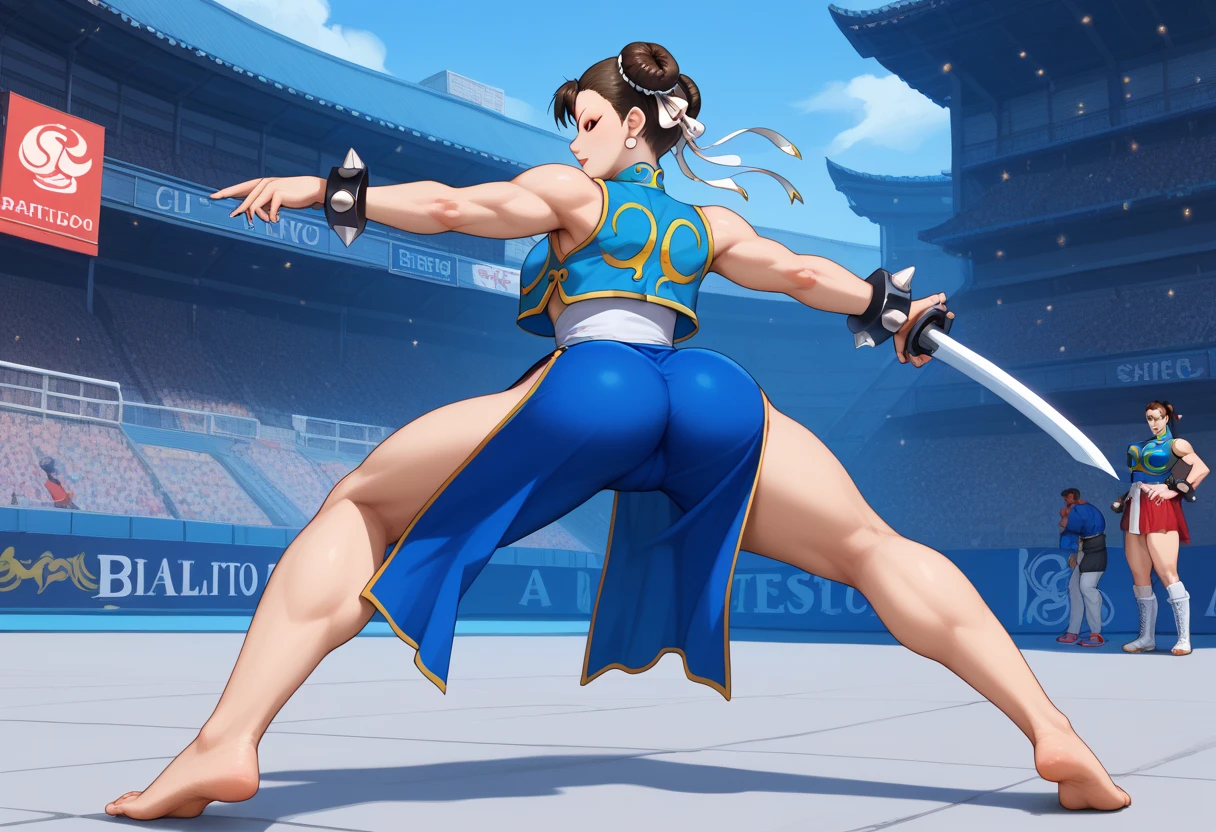 , nsfw, ((masterpiece,best qualtiy)),1girl,solo,ChunLi,beautiful night street background,18yo, sharp eyes, medium breasts, toned, 8k, full body, ambient lighting, ring, arn thick thighs, detailed legs, flexible, (standing on one leg:1.2), (standing split:1.3), muscular, hand holding one leg up,park background,nsfw,erected nipples,navel, large exposed breasts, pussy
