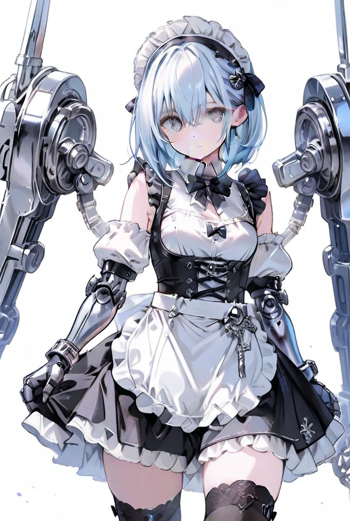 (((1 female:1.8)))、(((Description of the whole body)))、(((Standing posture depiction)))、(((9th grade)))、Beautiful woman in moe pose in futuristic white shiny heavy armored robot suit、perfect android girl, Female cyborg body, Perfect anime cyborg woman, Beautiful female android!, Female Robot, Fully robotized!! girl, Cute cyborg girl, Cyber Suit, メカサイバーアーマーを着たgirl, Cyber Suit, beutiful white girl cyborg, Beautiful female android, Beautiful girl cyborg、Cute robot woman with white silver short bob hair、Gravure model Android Beautiful girl、(Bright smile:1.3)、(((Headphones with long sensor antennas in both ears)))、(robot girl)、(((美しいgirlアンドロイド)))、(((重装甲メイド服を着たgirl)))、(((White heavy armored robot girl in maid clothes)))、(((White heavy armored robot beautiful girl in miniskirt and maid clothes)))、(((Beautiful girl in white heavy armored maid robot)))、(((Cyborg Maid Beautiful Girl)))、(((Robot beautiful girl wearing white shiny heavy armored maid clothes)))、(((waitress)))、Proper body balance,Tabletop,Ultra-high quality output images,High resolution,Intricate details,Very delicate and beautiful hair,(Photorealistic:1.3)Realistic photos,dream-like,Professional Lighting,Realistic Shadows,Focus Only,Well-groomed face，Big eyes,Beautiful Hands,Beautiful fingers,Detailed functions of the fingers,Detailed characteristics of the garment,Detailed characteristics of hair,Detailed facial features,