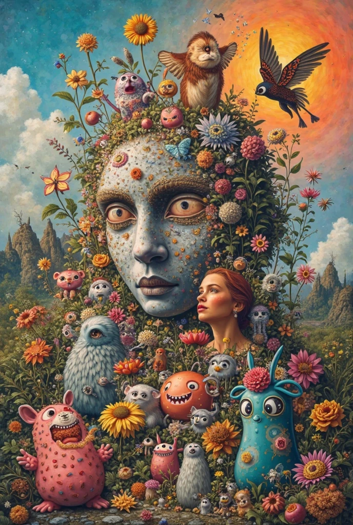 (rainbow:1.2), pride art, gay pride, colorful, Variegated splashes of color, fantastical surrealism, Midjourney Pride, (bright vibrant colors:1.2), <lora:MJ_Pride:1> hyperdetailed, hand-drawn, Maximalist masterpiece, Volumetric light, vivid color, energetic, ultra fine details. intricate illustration, minutiae, dimensional depth, optical illusion, digital oil painting, pointillism, by aaron horkey, 16k uhd, dynamic, influence by rembrant, by van gogh, stained glass rainbow ring, electric, (explosive lsd trippy color:1.2), pastel, melted, art by Rene Magritte, anime, Tsutomu Nihei, melting into a surreal psychedelic hallucination, screenprint by kawase hasui, (moebius:1.1), by James Gilleard, Steven Outram, colorful flat (surreal:1.1) design, hd, 8k, an (impressionistic artwork LSD Trip:1.1), colorful sky, (little birds:1.2), butterfly, (surreal:1.2) and majestic atmosphere, 32K artistic photography, beautiful composition, trending on artstation, award-winning photograph, masterpiece, (by Kim Keever:1.1), (by hieronymus bosch, by salvador dali:1.2), (by Zdzislaw Beksinski:1.1), by edvard munch, rhads, by Bruce Pennington, by Studio Ghibli, by tim hildebrandt, (disembodied face, gore, flesh, horror, disfigured face, mutant, mutating, unnatural, deformed, disgusting, peeling flesh, melting face, surrealist, decay:1.5), (disembodied head chewing up little people and spitting them out:1.3), attack on titan