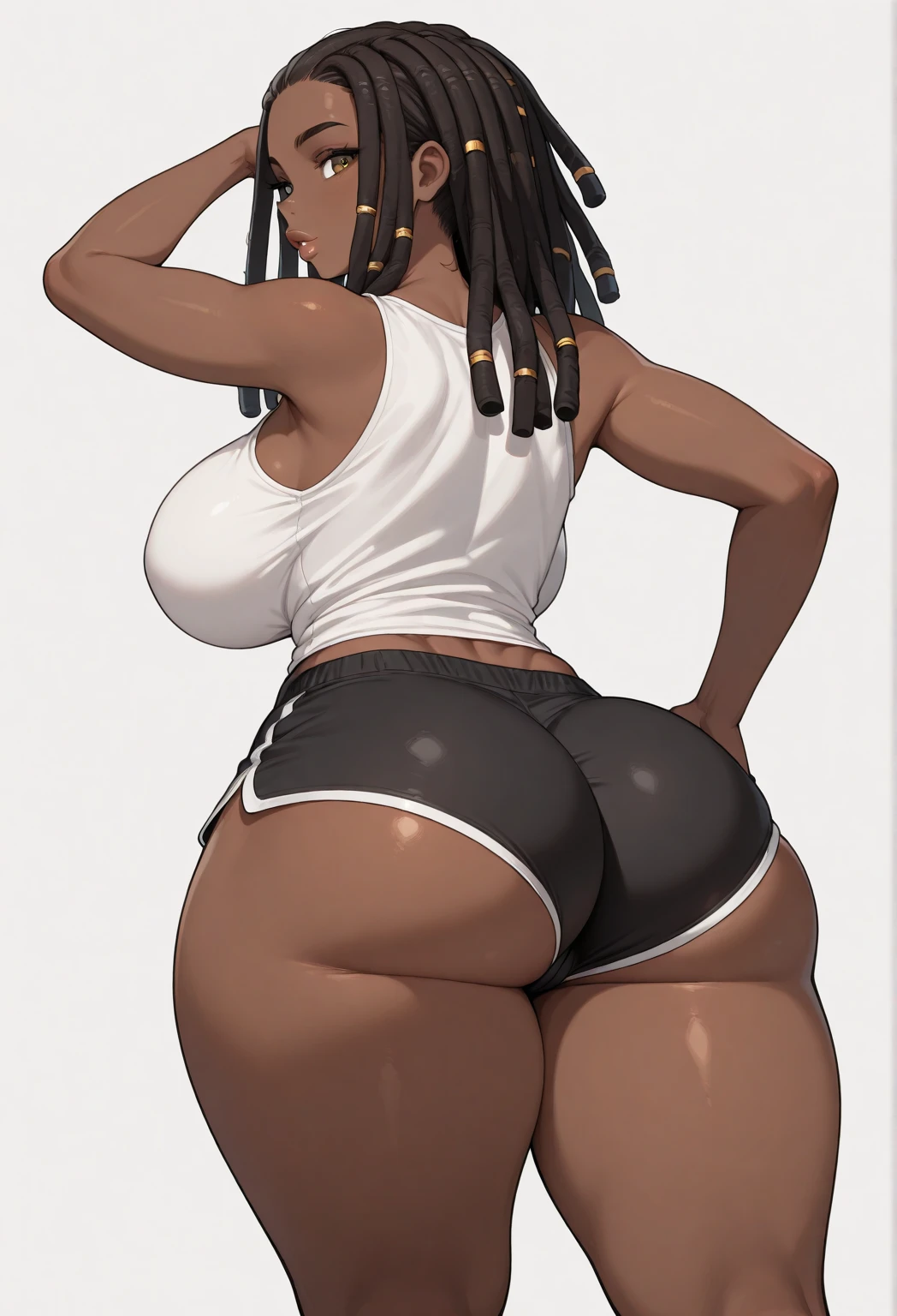 ewelry, thick thighs, wide hips, glossy lips,afro dreads long, small breast, milf, yellow eyes, white blank background, mature,black fingernails, mother, perky breasts, tomboy, ebony dark skin, luxury, tattoos, voluptuous, thick, buxom, leggings, mother, milf, wide hips,thick thighs, giant ass, backside shot