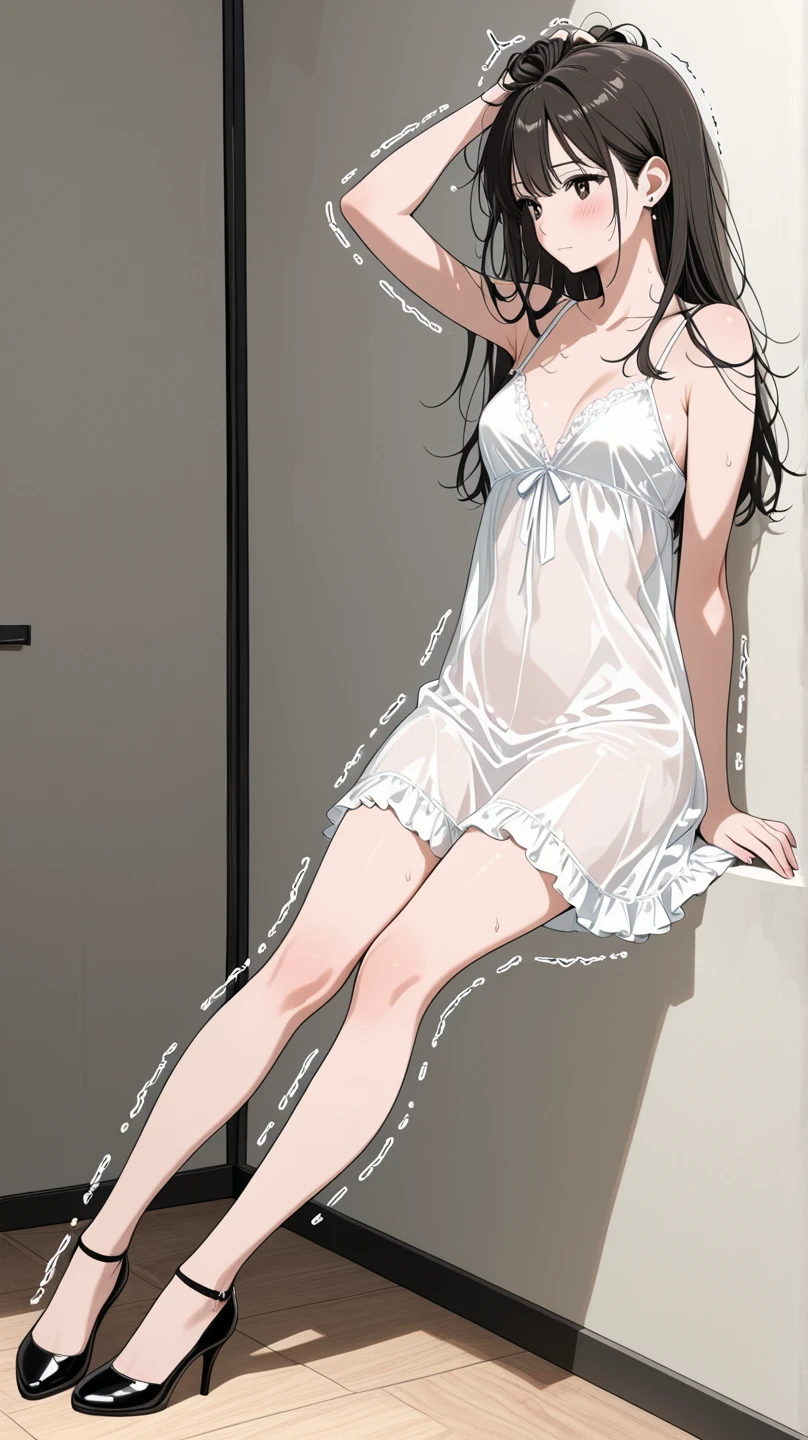a afroHero (masterpiece, best quality), Female brunette, woman character, (((waking up in bed, face of whom has just woken up, in a bedroom))), (comic style artwork with perfect anatomy), perfect body, transparent wet ultrathin white dress shirt unbuttoned, black knee high tights, (black short miniskirt), highly detailed--no outline