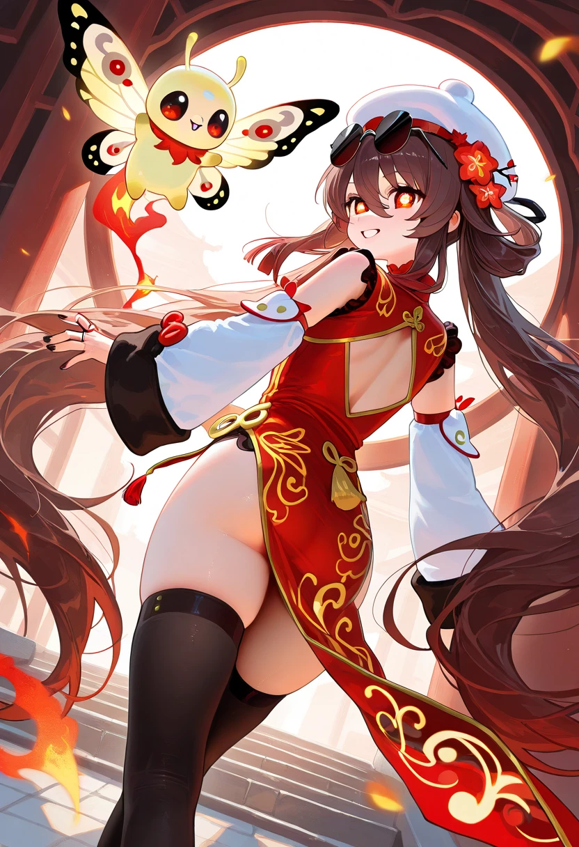 score_9,score_8,score_7,score_8_up,score_7_up Exotic furry cartoon, oriental character, 1girl, breasts, tail, animal ears, solo, fox ears, fox tail, dress, skindentation, cheongsam, from the side, big breasts, blush, white background, fox girl, looking at viewers, bare shoulders, short hair, animal ear fluff, food, simple background, holding, cheongsam, cowboy shot, detached sleeves, Hair ornament, red dress, long sleeves, buttocks