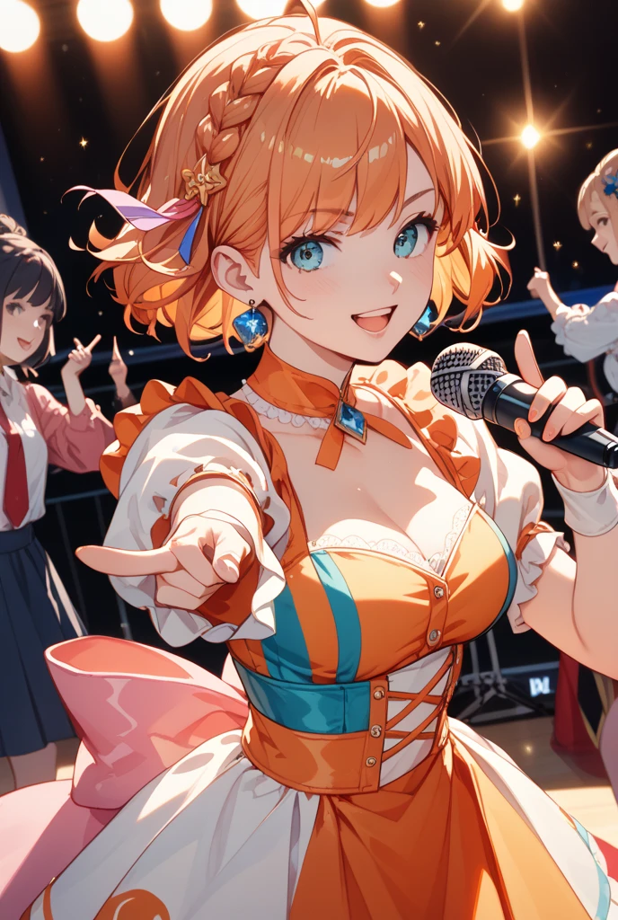 A group of women in idol costumes are striking a pose while happily singing and dancing together, sweating and having fun, They're all smiling and having fun, enjoying the moment. The girls are surrounded by cute and colorful decorations, and they're comfortable and relaxed. They're all good friends, and they're happy to be spending time together, arena,idol stage, spot lighting, light from above, confetti:1.3, motion blur,dutch angle shot, masterpiece, absurdres, best quality, intricate details, best quality, 8k, best aethetic, beautiful art, ultra-detailed, illustration,