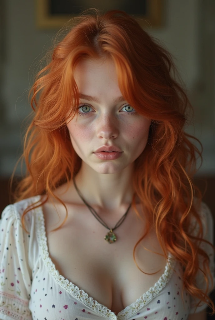 a beautiful girl in an intricately detailed room in mdj style, beautiful detailed orange hair, anamorphic lenses distorting the background, summer of 1987, moody dystopian and thought-provoking, cinematic, expression suggesting a sense of unease, "Life is not what it used to be", best quality, fine details, intricate, extremely detailed, sharp focus, 4 K