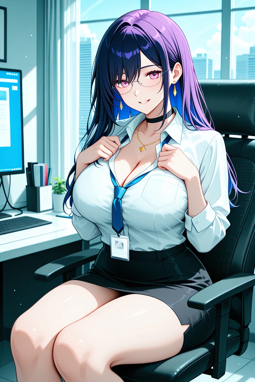 kafka, 1 girl, alone, ((white shirt)), black Thighhighs, chest, cleavage, uniform, office background, black skirt, pleated skirt, office, hair between eyes, sunglasses on head, large chest, long hair, looking at the viewer, purple hair, purple short nails, purple eyes, alone, Thighhighs, thighs, long hair, ((masterpiece)), sitting, Chair, machine, computer on machine, name tag, ID Tag, indoor, blush, sexy pose,、camel toe、huge tit、Nipple Puffs、cleavage、Plump、Super big breasts、super big butt