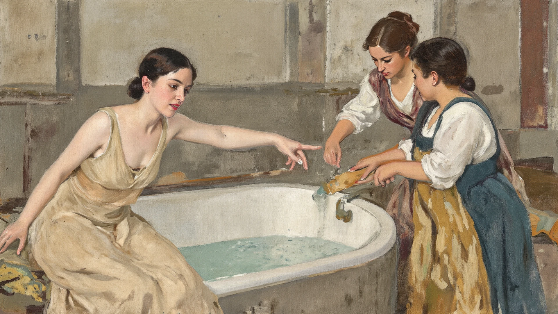 Painting of two women washing laundry in a wooden tub, Eugène de Blaas, Antonio Cisieri, Antonio Galli Bibiena, William Godward, Philippe de Laszlo, Gregorio Lazzarini, Carlo Mense, Charles Sillem Lidderdale, Carlo Galli Bibiena, Eugène Brandes