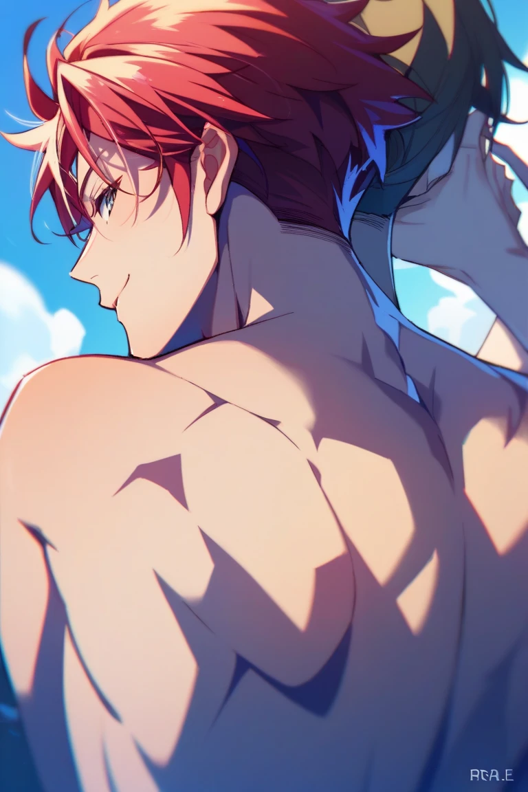 1boy, natsu_dragneel natsu dragneel , age 20 years, Muscular boy posing in front of a dynamic dark low light starry sky in a lake naked dripping with hot sweat and ass and back, magic particles in air, tattoo