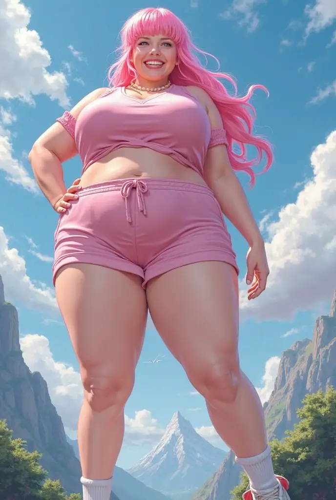 1960's, Living inflatable, poison, luxurious long and thick pink hair, wearing a stars and stripes bandana, wearing long jean jacket with anime t-shirt with logo, (plaid miniskirt), platform sneakers, knee high socks, floating, (((hyper breasts))), (((muscle expansion))), (((muscular legs))), (((bodybuilder))), long thick erect girthy futanari huge penis, pleasurable look on face while hands stroke penis
