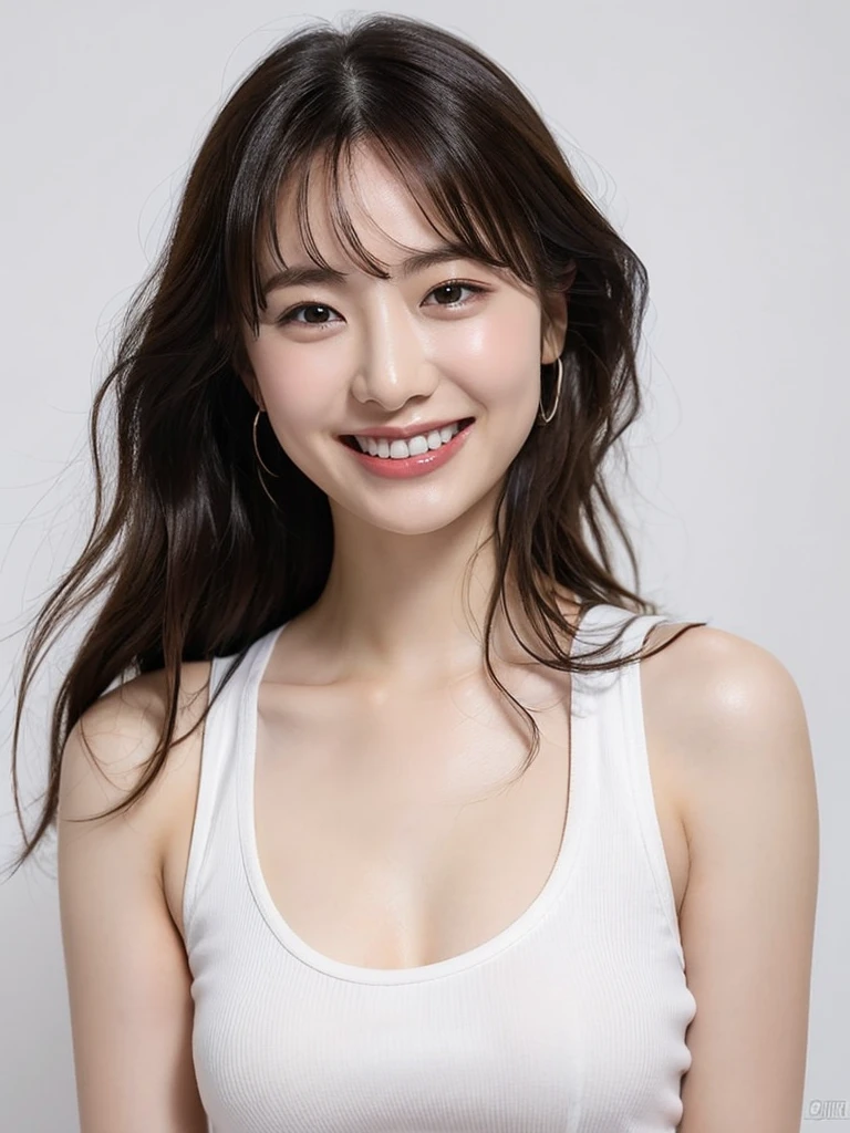1girl, 25years old woman, (perfectly detailed face), ((Tank tops)), Slim body, Small breasts, medium breasts, cute face, beautiful face, ((looking at viewer)), Simple Background, ((white background)), ((white wallpaper)), White skin, (bright lighting:1.2), perfect lighting, smile, light smile, photorealistic, (bokeh), UHD, anatomically correct, highres, masterpiece