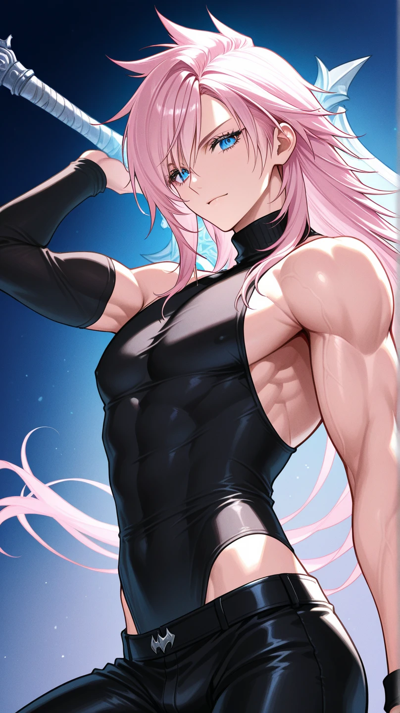 ((female)), (very messy hair), pigtails, (happy smile), Fangs, ((ripped abs)), toned arms and legs, medium breasts, Excessive sweat, (on the moon with starry sky and showing the planet earth), bright blue eyes, ((pink hair)), barefoot, ((standing)), (((facing me showing her muscles))), ((wearing only a thong)),