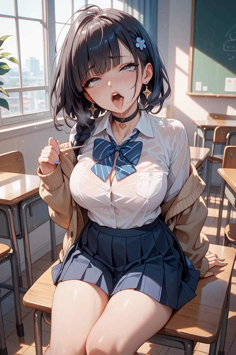 (Front angle:1.6)、(masterpiece, Official Art), One Girl, Black Hair, blue eyes, hair ornaments, Hair Clip,  (school uniform), (shirt), (tie), (skirt), (Wet), (Huge breasts), very good、sunlight,classroom、During class、 View Audience, Grin,Cum on face、 Charm, blush, Charm服, , (Place your hands between your legs), (Sitting on a chair、Put your chest on the desk),White panties、Short Bob、Sticking out your tongue、Dripping a huge amount of saliva、Peeing、squirt pee、tits 、titsをテーブル机の上に胸を置く、nsfw