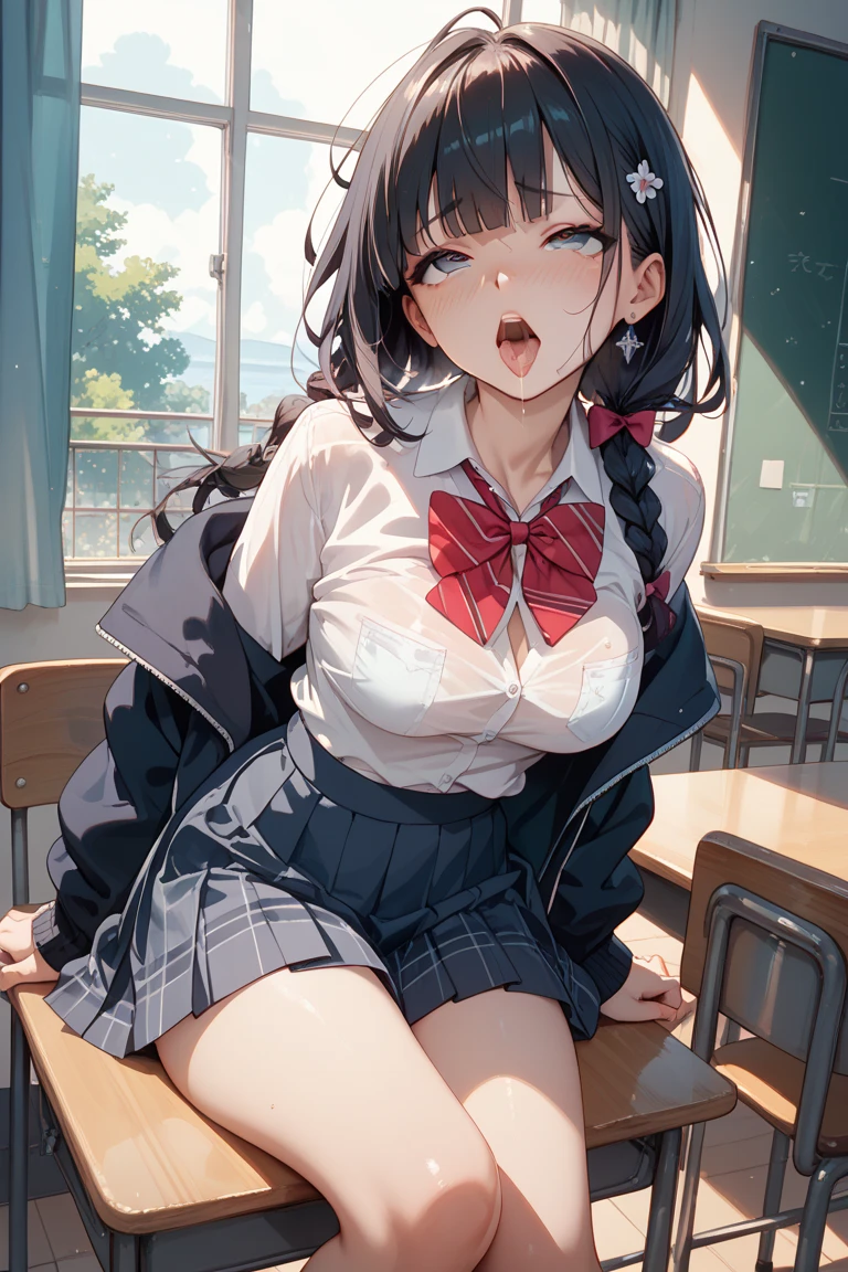 masterpiece、Highest quality、Ultra-high resolution、age school girl with big breasts、twin tail hairstyle、black hair、Red face、mock、open your mouth just a little、Short-sleeved sailor school girl uniform、mini skirt for teenschool girl、knee high socks for teenage ol girl、beret for teenage schoirl、inside the classroom, white panties,