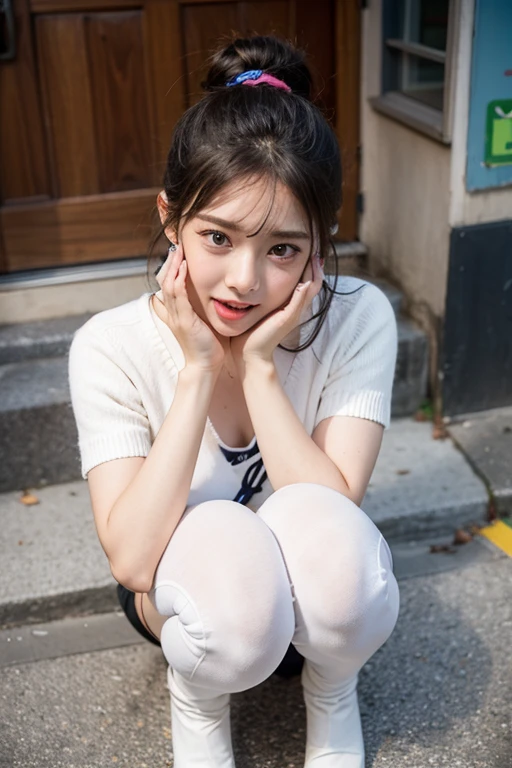 (close:1.4)、(RAW shooting:1.2)、(Photoreal:1.4)、(masterpiece:1.3)、(highest quality:1.4)、15 year old girl、(slender and beautiful girl)、(big and full breasts:1.2)、fluffy beautiful breasts、(sit on your butt on the floor)、(erect nipples:1.2)、In 8K、(table top:1.2)、(ribbon、knee high socks:1.3)、slender arms、slender legs、constricted waist、look at the audience、Sit on your knees、ribbonボンデージ、(Thin fingers and beautiful thighs)、(short bob:1.2)、school uniform、cute、cute、(white cat ears hair accessories:1.2)、