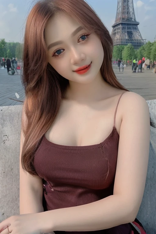 1girl, (Blue Eyes), (smiling :1.2), (beautiful makeup :1.2), (big tits :1.1), big ass, wide hips, (Best Quality, 8k, Masterpiece: 1.3), Clear Focus: 1.2, Perfect Body Beauty: 1.4, Highly detailed face and skin texture, detailed eyes, double eyelids, (shiny skin :1.2), (blonde long straight hair :1.2), (red strapless t-shirt :1.3), (bare shoulders), (jeans shorts :1.1), standing, (bent over showing her tits :1.2), in an upper class residential neighborhood, trees on the sides, blurred background