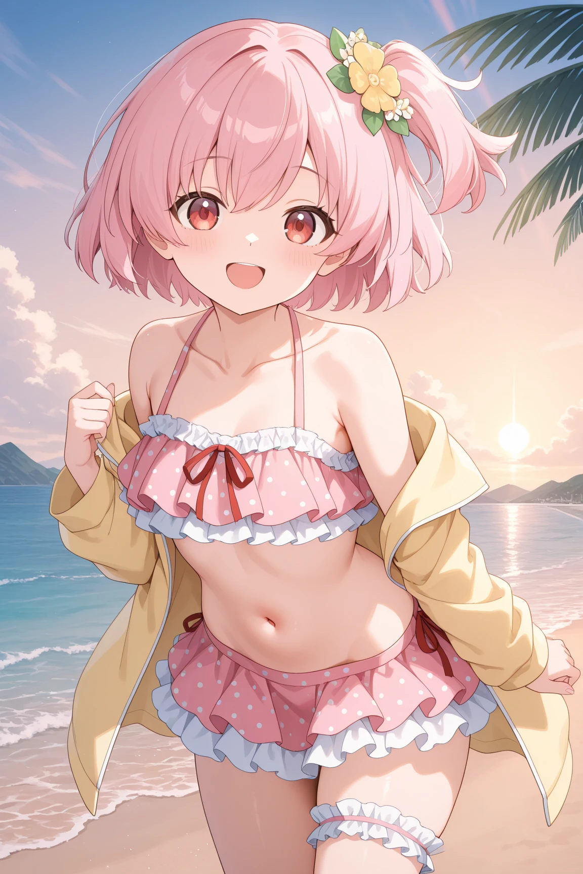 (masterpiece,Highest quality:1.3), (Super detailed:1.3), One girl, Day, Swimwear, View your viewers, Ocean, Miko 1, sakura miko, Green Eyes, alone, Ahoge, Red X Hair Ornament, Pink Hair, Hair Clip, Hair Bell, Long Hair, Hair between the eyes, smile, sunny, Lie down