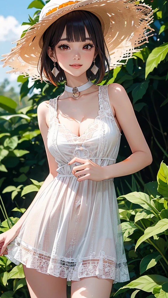 A sheer white frilled dress、shortcut、medium breasts、valley、A beautiful woman with a sense of transparency、cute、highest quality、upper body up、flower field in the background