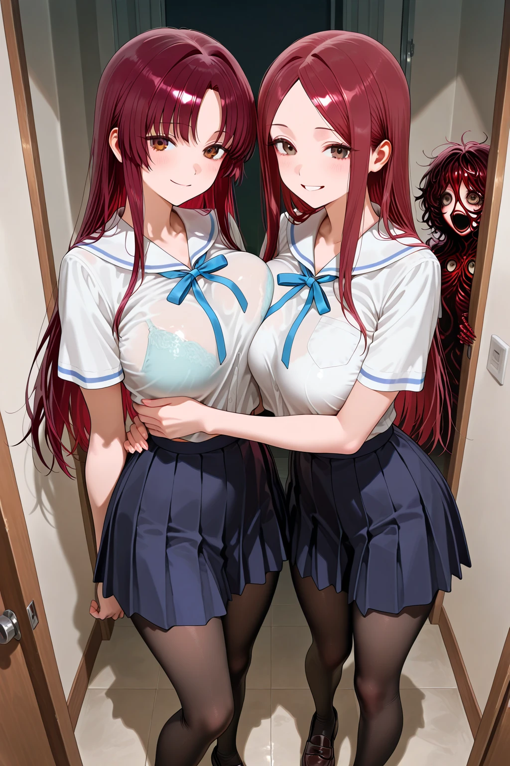 (8k,Super details,best masterpiece,nature,Perfect work of art,perfect female figure),two women,sister and sister,sisters,Rainbow hair,perfect face,(huge),Neighbor's Wife,woman hairstyle,elegant wife,mature and exposed,20 years old,fair skin,messy hair,Perfect sexy body,Wear a fitted and sexy tunic dress,Red lace white bottom strapless short dress,Hot and sexy secretary,wear glasses,Standing in the detailed bathroom,A lot of water was poured on,The whole body is soaked,Want to take off clothes,But happy,Smile,Detail background,necklace,perfect eyes,, T-shaped small size,huge的山雀