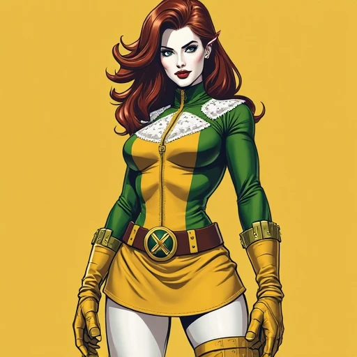 ComiDusk, tarot card style, trading card style, 1girl, solo, auburn hair, southern belle, green eyes, looking at camera, art by artgerm, in the style of salvador lacrocca, ComiDusk