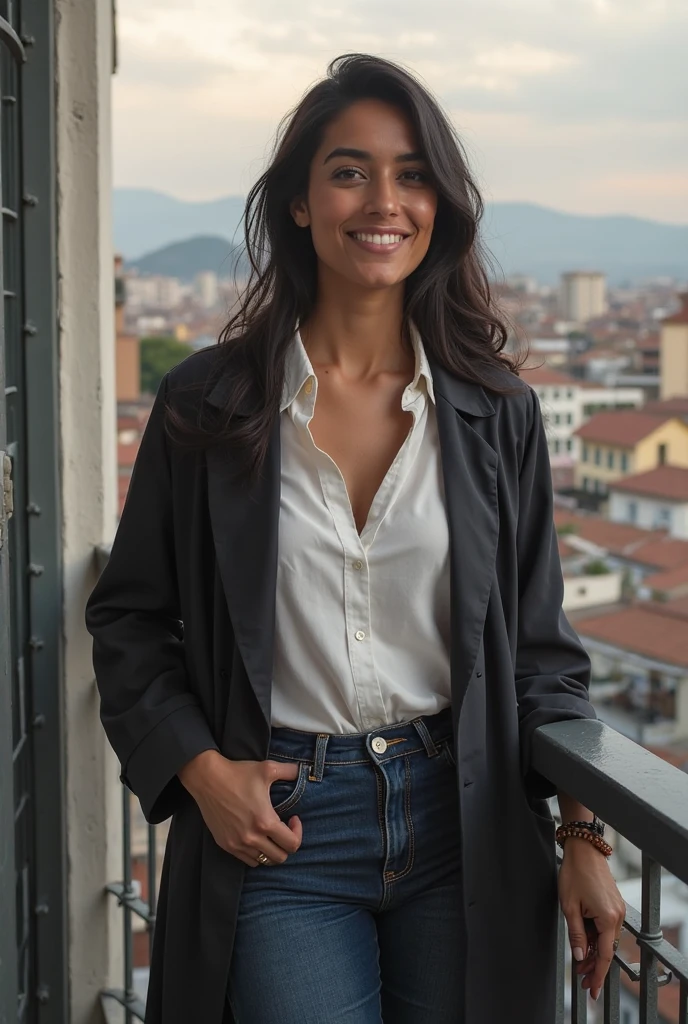 A beautiful lady sitting on balcony and enjoying the sunlight realistic portrait