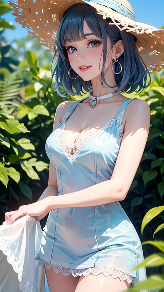 (8K, RAW photos, best quality, masterpiece:1.2), (1 woman), A 20-year-old Japanese woman with a beautiful face. clean and white skin, Eye color is dark blue, laugh, high definition face, Curly short hair, (((Kyoto Bamboo Forest))), ((( (Open-shoulder bare-sleeve neck polar dress:1.4))), glamorous body, Band stockings, very big breasts, glowing skin, photometry, vivid colors,