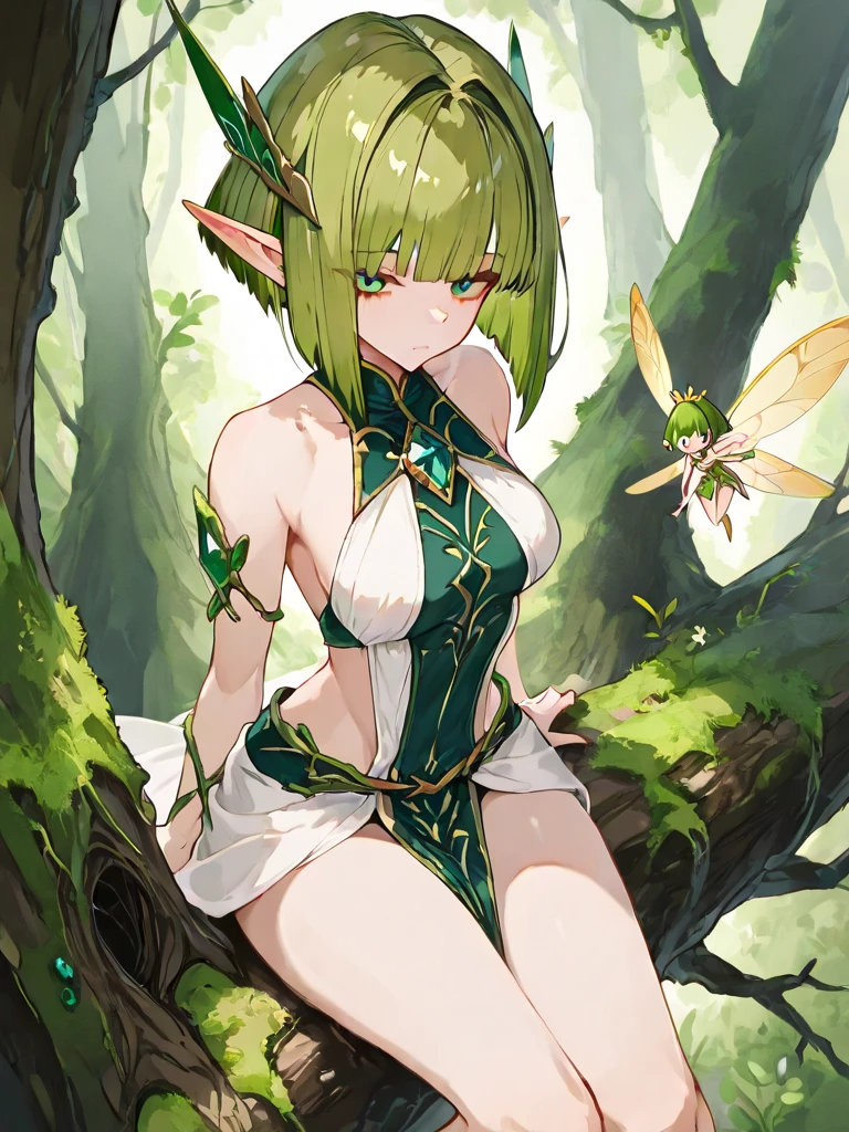 fantasy, 1forest_elemental_girl, fighting, (using_leaves_clothes, green_leaves_covered_breasts, leaves_covered_pussy)+++,medium_breasts,dynamic_pose_standing, light_smile, sleepy, medium_hair, navel,(dark_skin)+, oil, (winding_vine_around_torso)++, plump,forest, trees_background, leaves_headgear, green_leaves_cape, hold_large_long_staff, thighhighs,