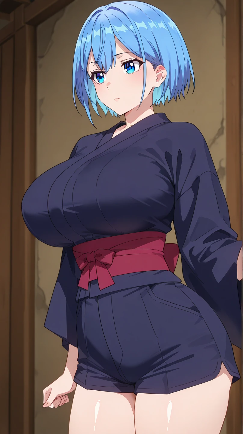 , old woman, light blue hair, yellow eyes,, night, big "Shihakusho black and white" shinigami, MILF, short hair, Japan city background, cleavage, wielding the katana. ","relaxed hair" "City with old wooden houses in the background" "it was edo" big breasts.