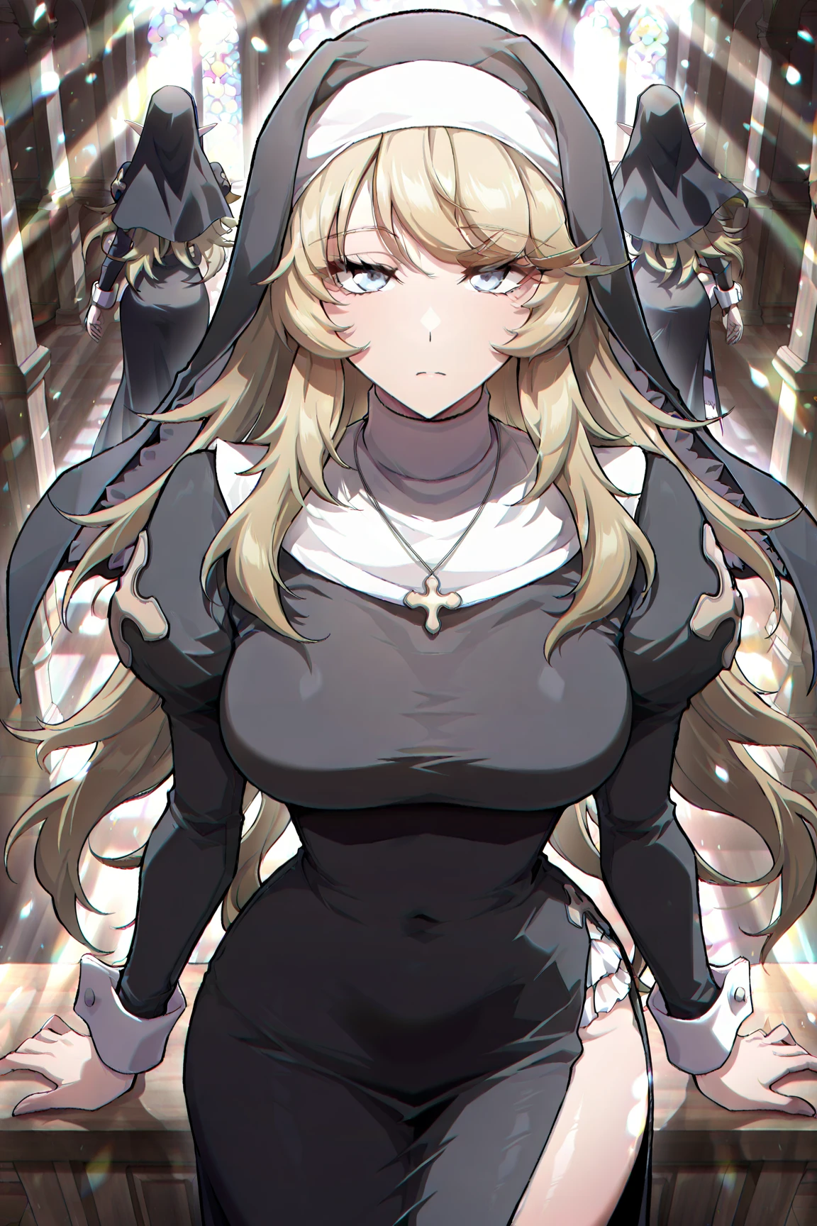 highest quality,wonderful,finely,extremely detailed CG Unity 8K wallpaper, (girl, very long hair, blonde, clothed), (nun :1.2), (small breasts), (open mouth:1.1), (long tongue:1.1), (mouth drool:1.1), (black stockings:1.1),(Thighs:1.2),(Waistline:1.2),(black blindfold, blindfold:1.5)